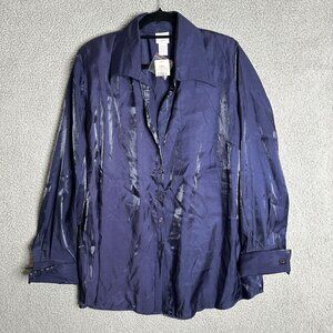 Cato Plus Blue Shimmer Blouse NWT Long Sleeve Button Up Shoulder Pads Retro Glam